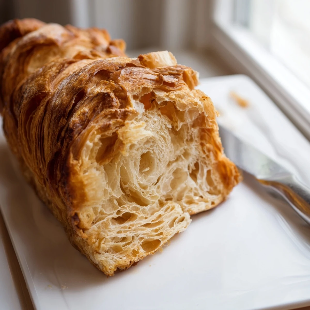 Golden homemade croissant bread loaf with flaky layers, brushed with egg wash