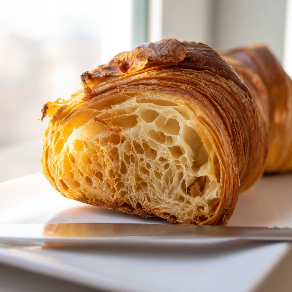 Sliced homemade croissant bread revealing buttery layers on a wooden cutting board
