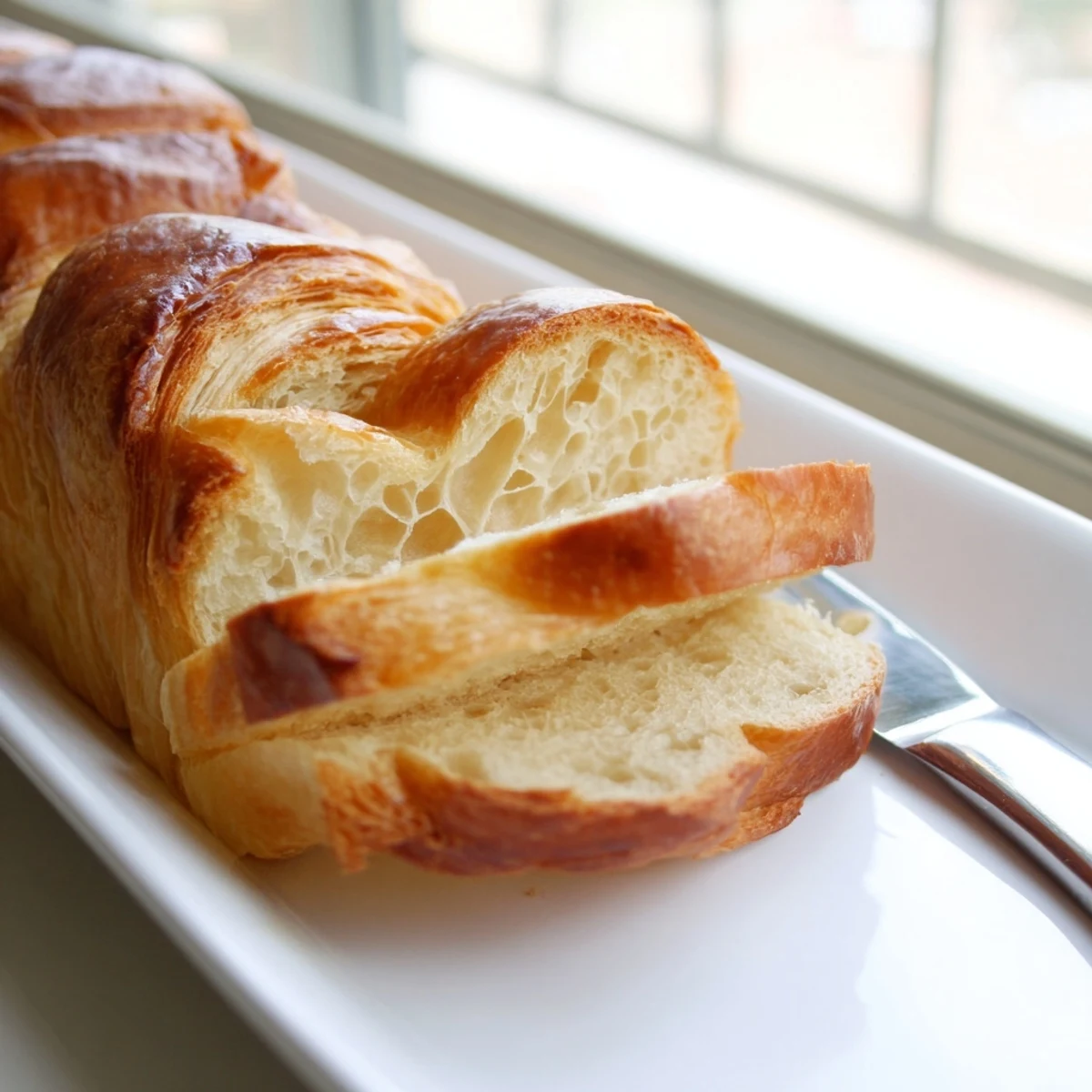 Freshly baked homemade croissant bread cooling on wire rack with golden crust