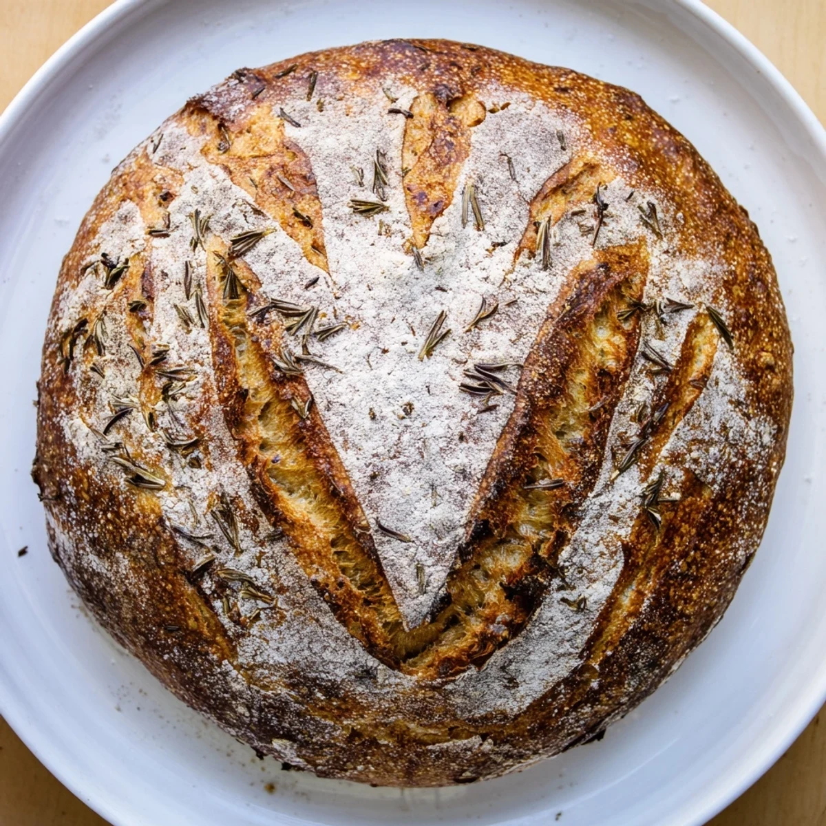 Rustic round bread with garlic and rosemary baked in Dutch oven with deep brown crust
