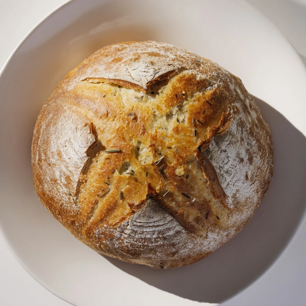 Golden crust loaf of Dutch Oven Garlic Rosemary Bread dusted with flour on wooden board