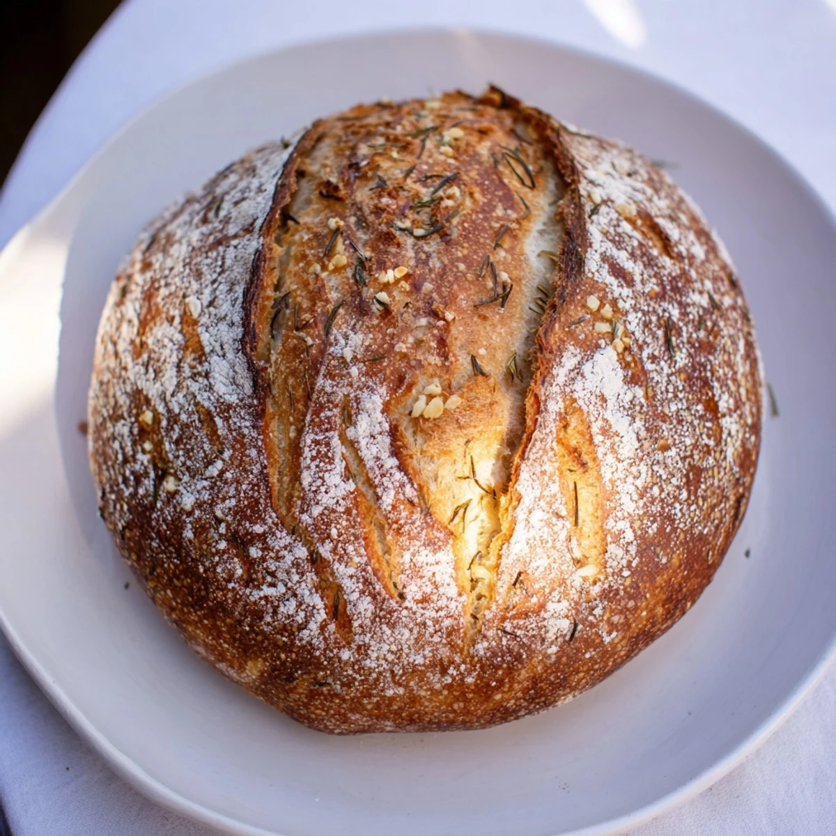 Sliced homemade Dutch Oven Garlic Rosemary Bread showing soft interior and aromatic fresh herbs