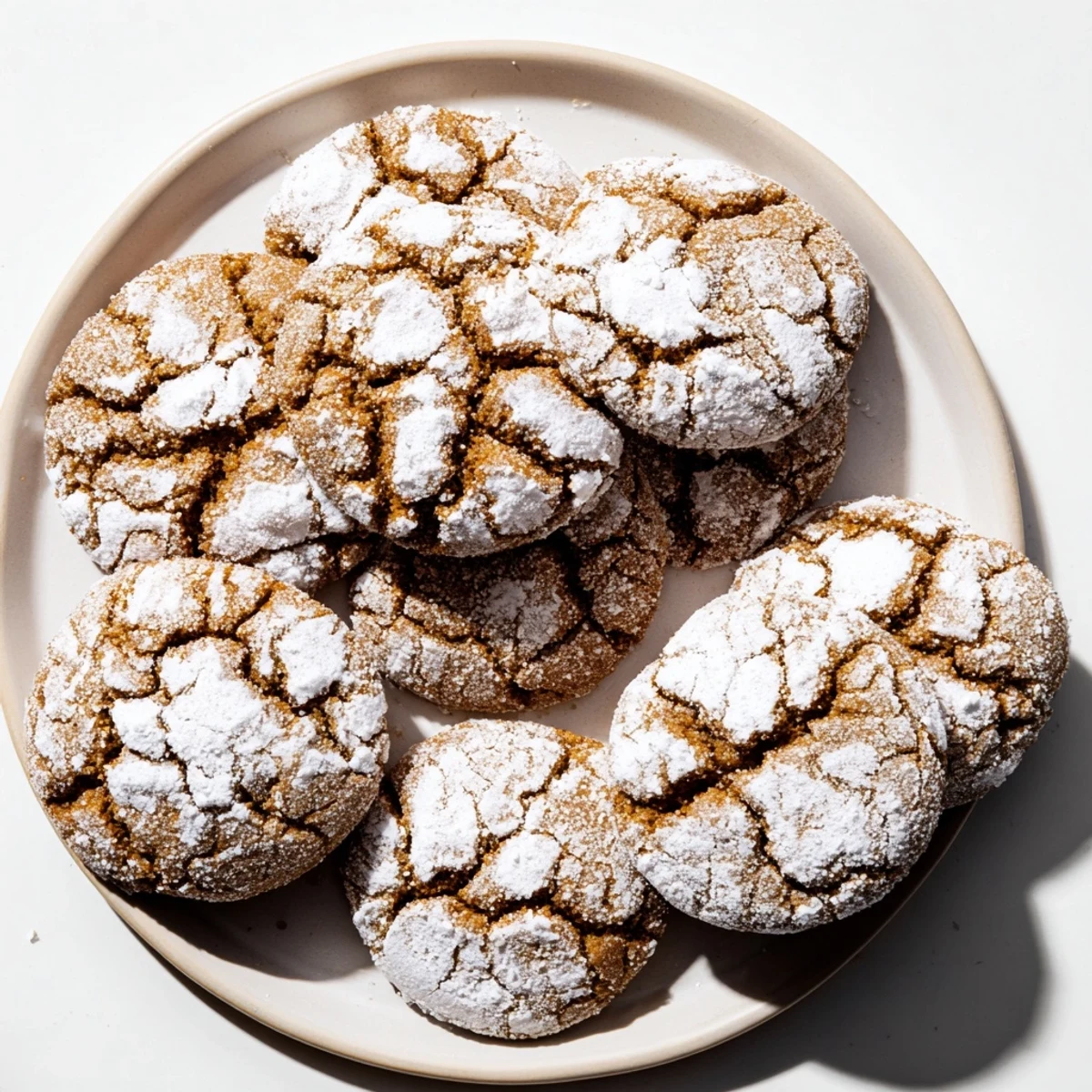 Soft gingerbread crinkle cookies coated in white powdered sugar on a decorative holiday plate