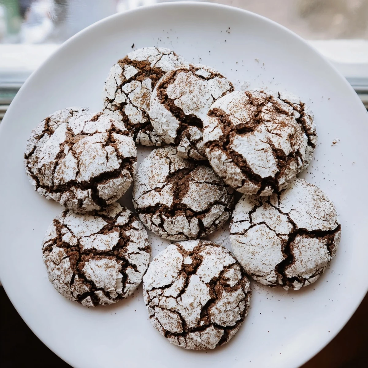 Batch of warm spiced gingerbread crinkle cookies with crackled tops dusted in confectioners' sugar