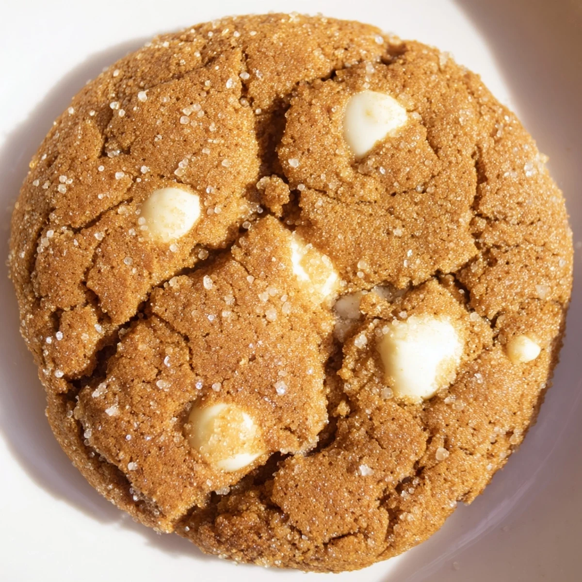 Soft bakery gingerbread white chocolate cookies with melted chips and sugary edges