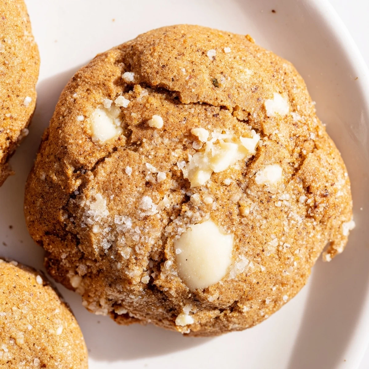 Warm spiced gingerbread white chocolate cookies with creamy chips on a white plate
