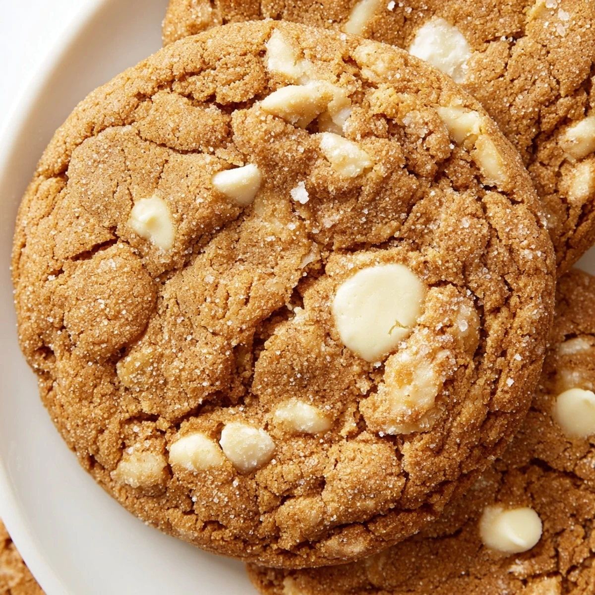 Golden gingerbread white chocolate cookies stacked on a rustic wooden serving board