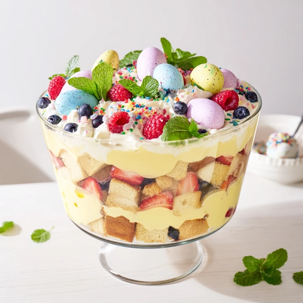 Glass bowl showcasing festive Easter trifle with colorful berries fluffy cream and vanilla custard