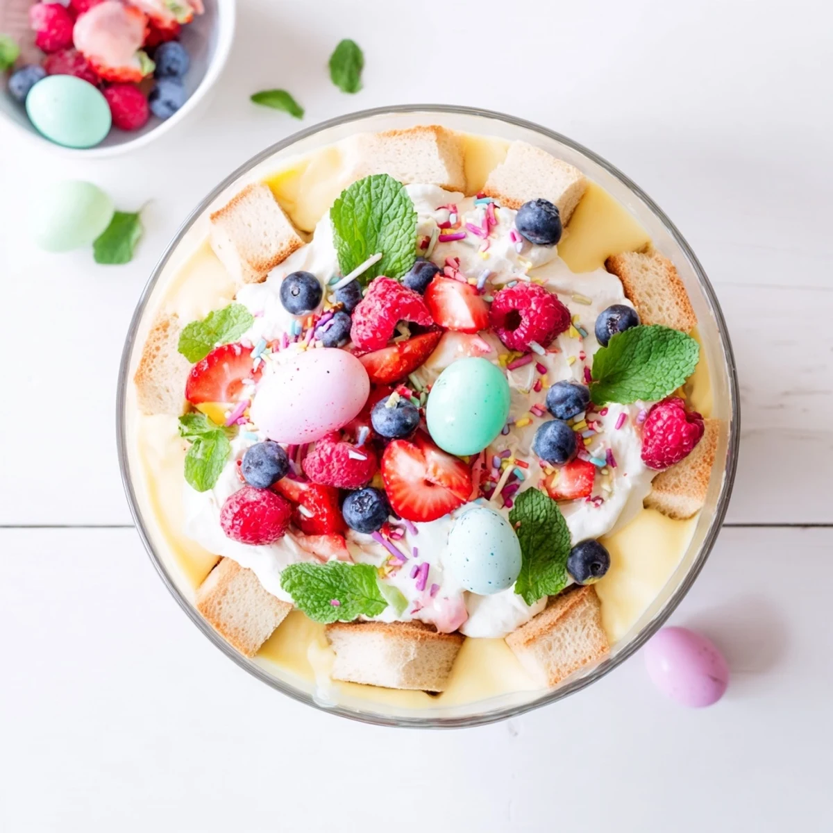 Layered Easter trifle dessert with sponge cake custard fresh berries and whipped cream