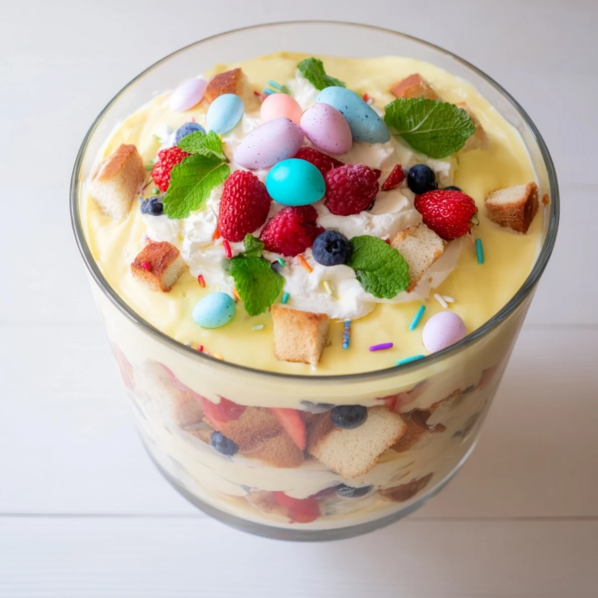 Beautiful Easter trifle dessert displaying golden cake layers sweet custard macerated berries and topping