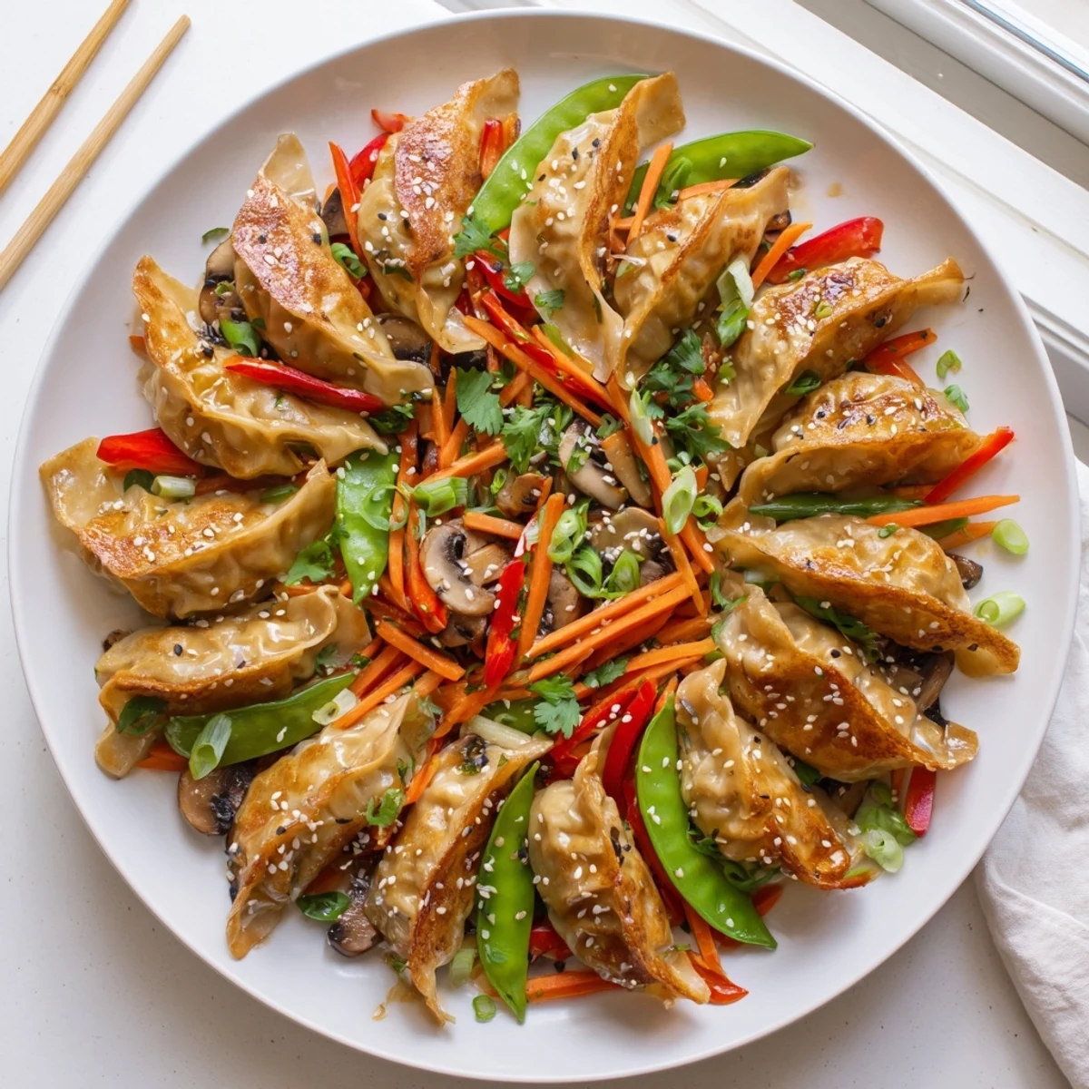 Golden potsticker stir fry with colorful snap peas and carrots in savory soy glaze