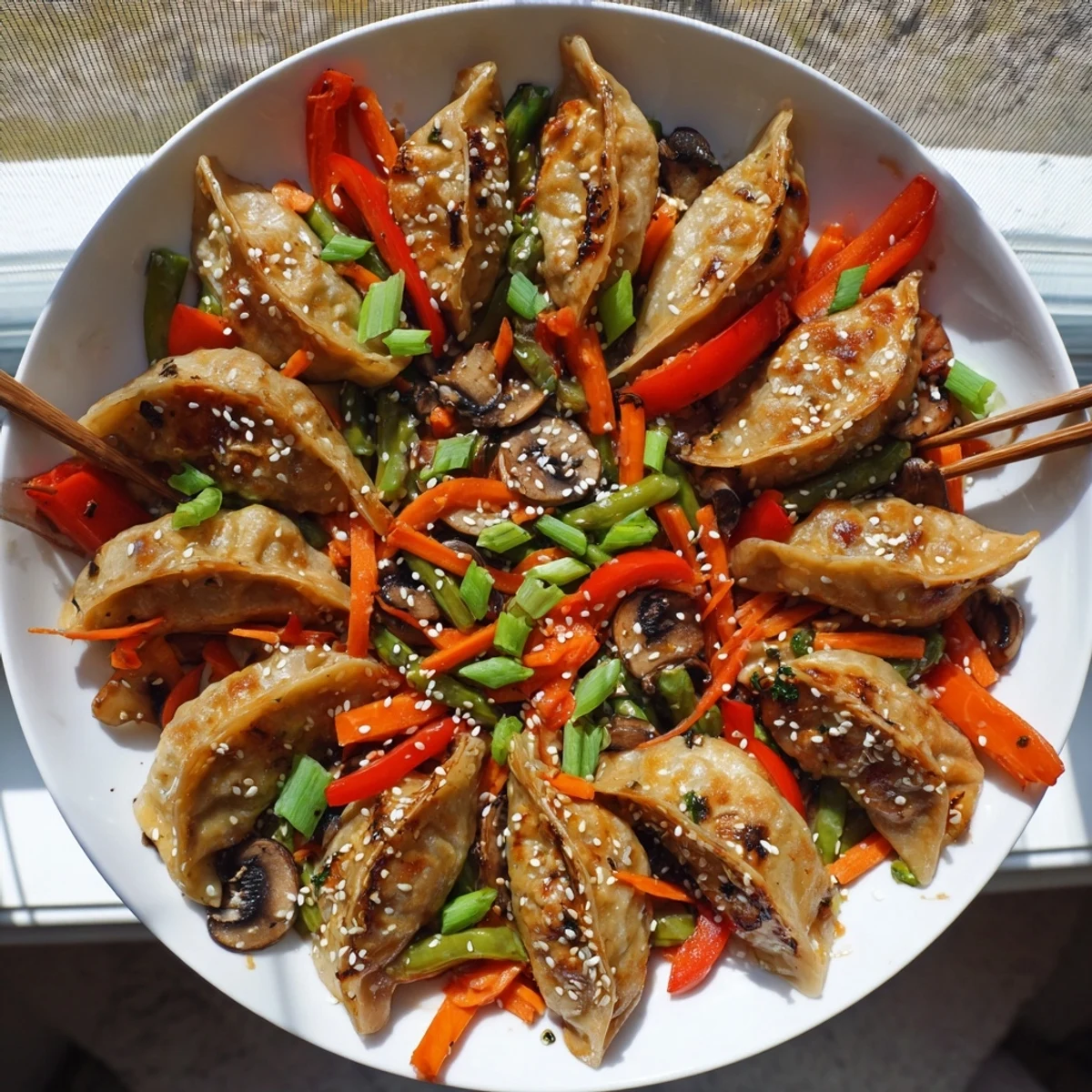Crispy pan-fried potstickers tossed with fresh vegetables and sesame seeds in wok