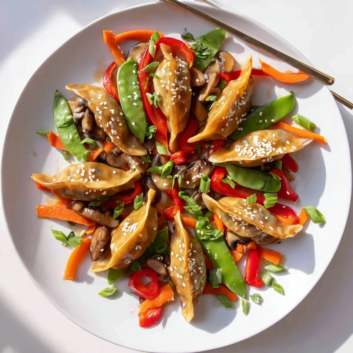 Vibrant Asian fusion stir fry featuring tender dumplings and bell peppers in dark sauce