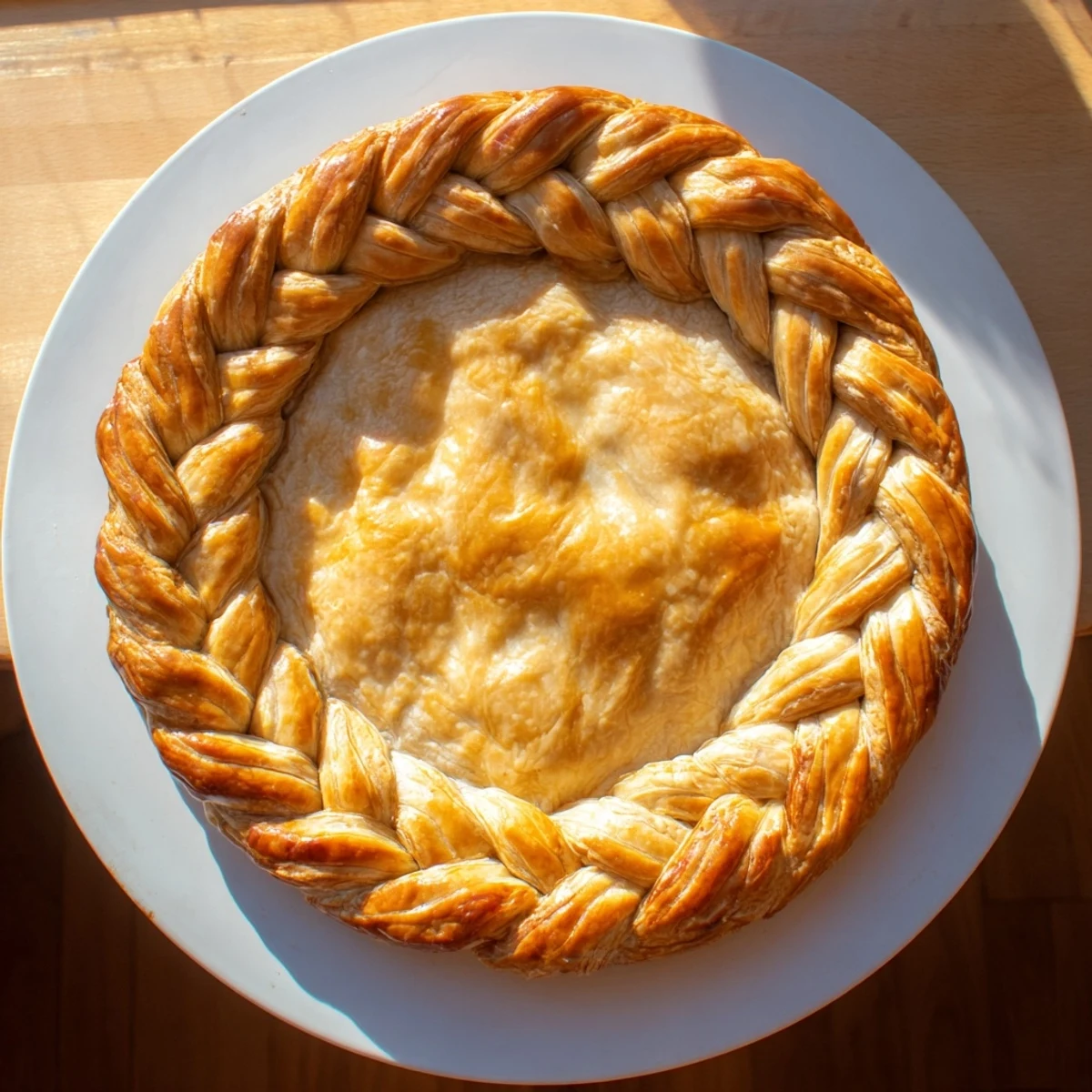 Close-up view of decorative fishtail braid pie crust brushed with egg wash for shine