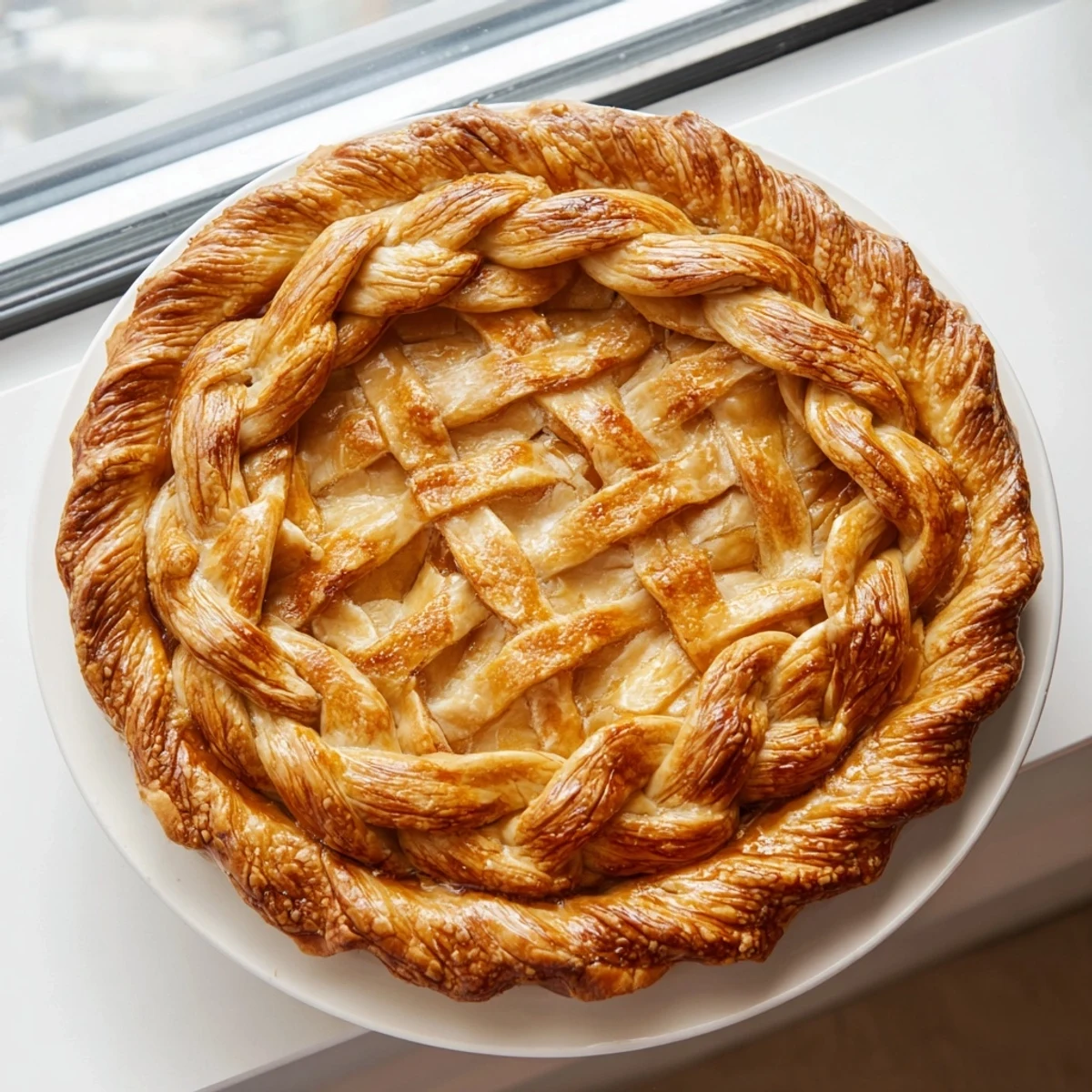Golden braided fishtail pie crust edge adorns a fruit pie with intricate woven detail