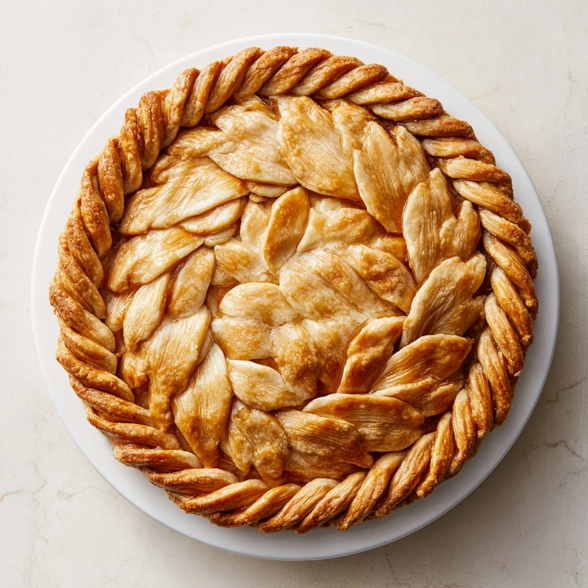Homemade pie featuring an intricate fishtail braid woven crust border around a golden pastry rim