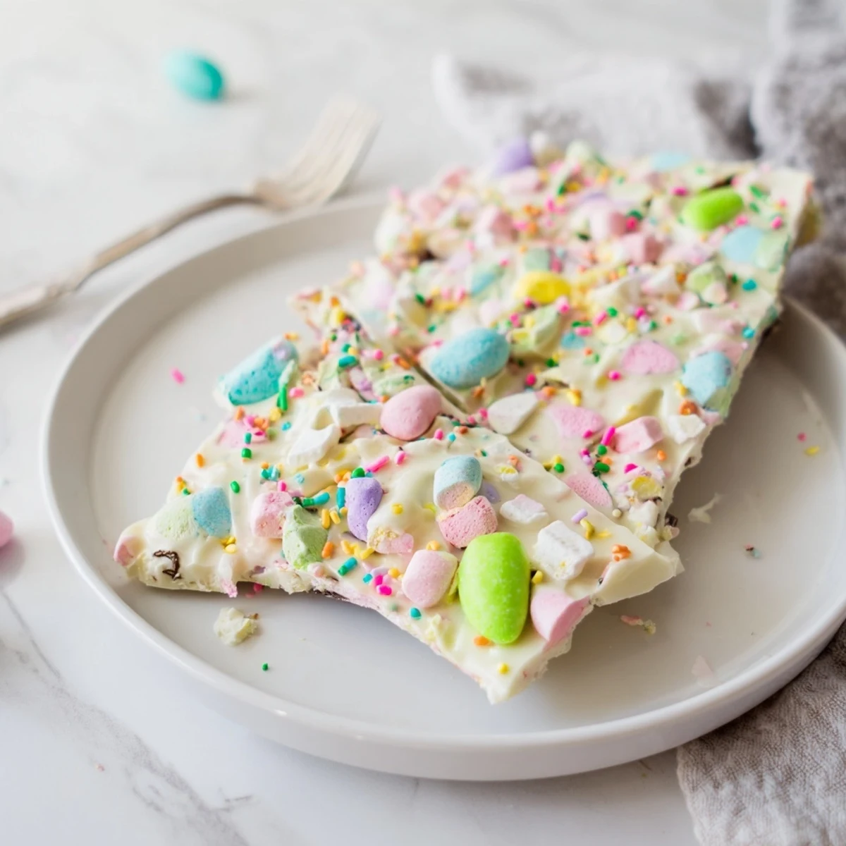 White chocolate Easter Marshmallow Bark topped with colorful pastel sprinkles and candy eggs