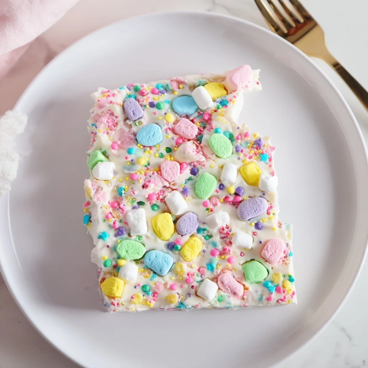 Homemade Easter Marshmallow Bark broken into pieces showcasing pastel marshmallows and sweet decorations