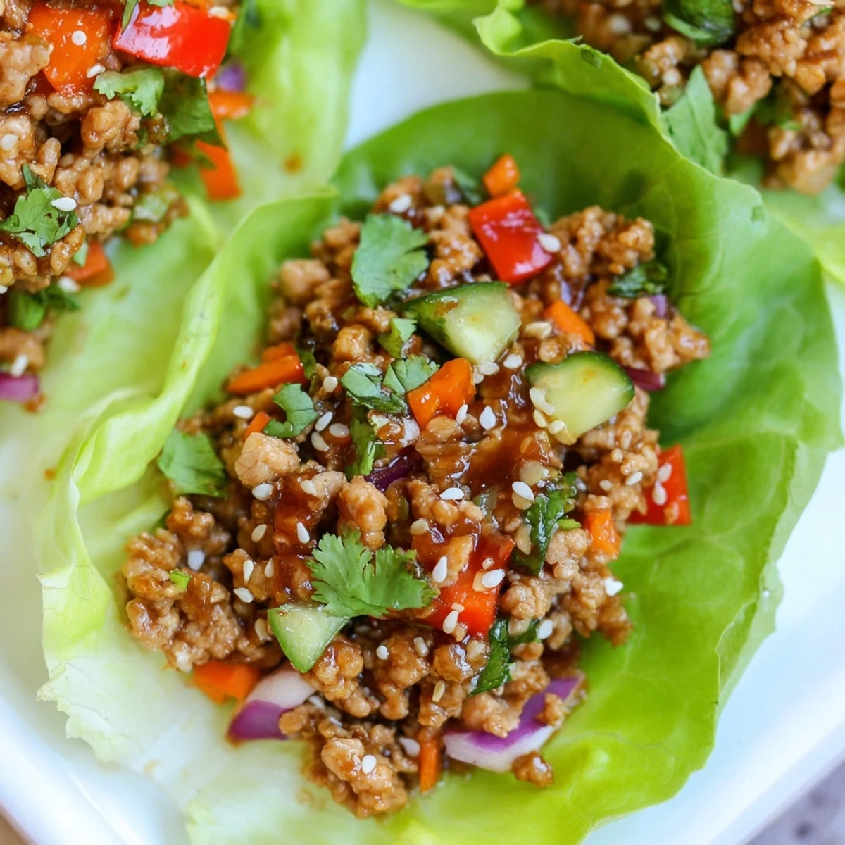 Seasoned ground turkey filling served in crisp lettuce cups with fresh herbs and sesame seeds
