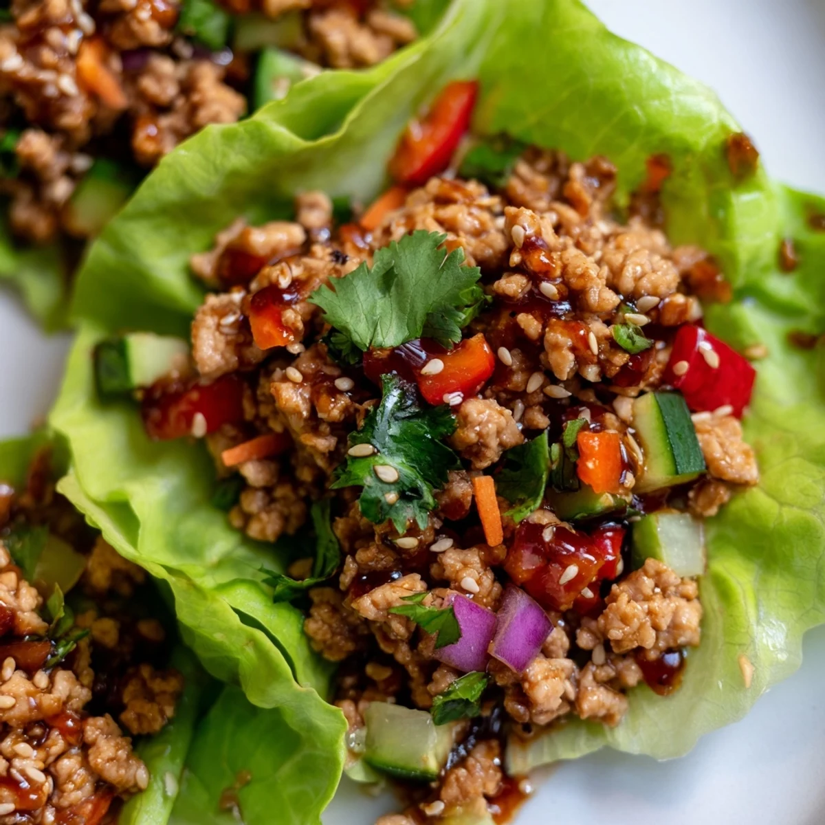 Crisp romaine leaves filled with savory ground turkey mixture topped with cilantro and lime