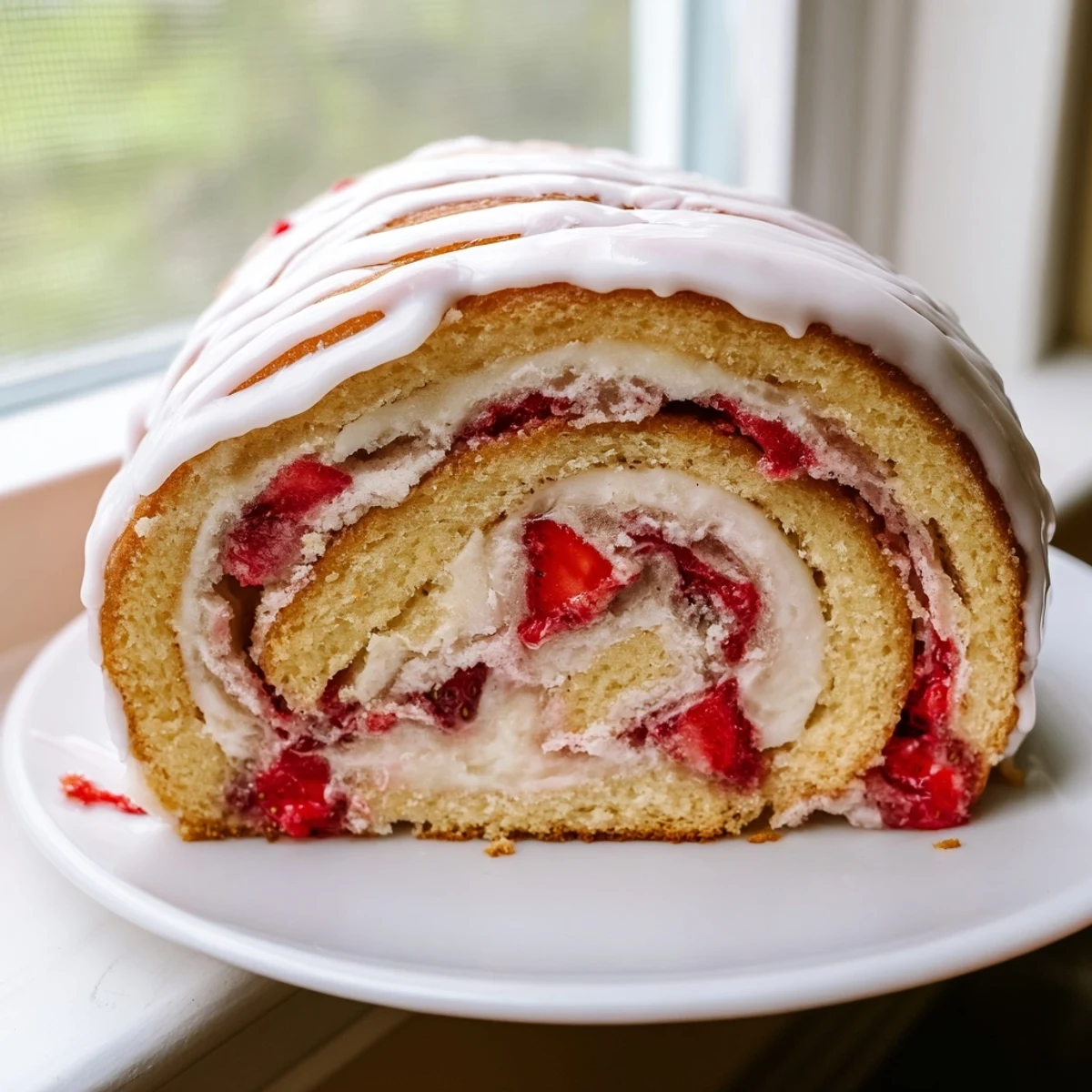 Golden strawberry shortcake cheesecake rolls drizzled with sweet vanilla glaze on a white plate