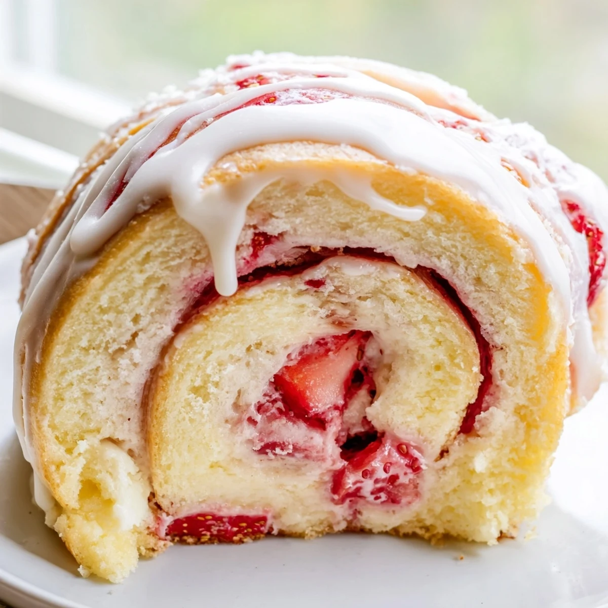 Soft baked rolls swirled with creamy cheesecake filling and bright red strawberries, fresh from the oven