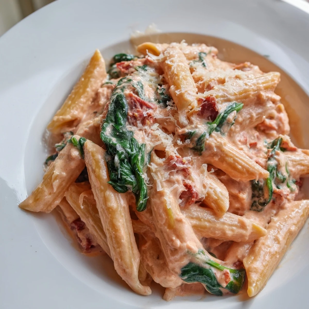 Creamy sun dried tomato spinach pasta in a rustic skillet with vibrant green wilted leaves
