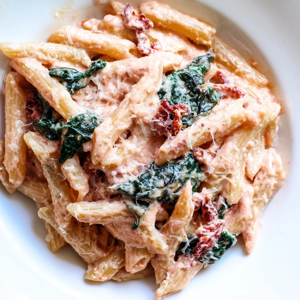 One pan creamy sun dried tomato spinach pasta coated in velvety parmesan sauce