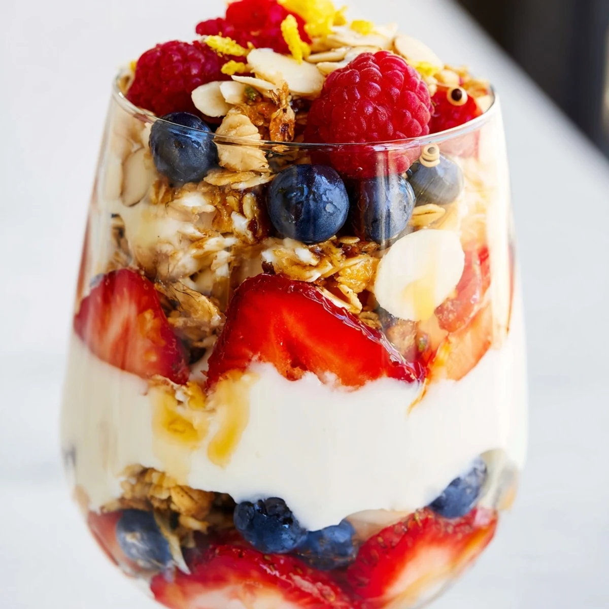 Creamy Greek yogurt parfait layered with fresh berries and golden granola in glass
