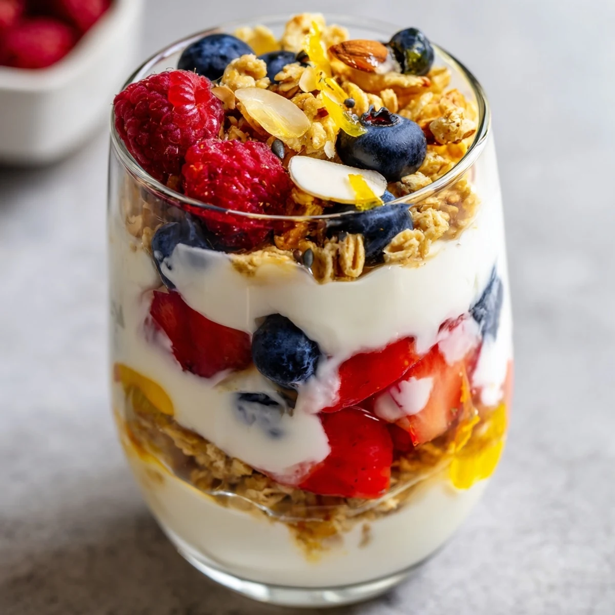 Greek yogurt parfait topped with vibrant mixed berries and crunchy oat clusters