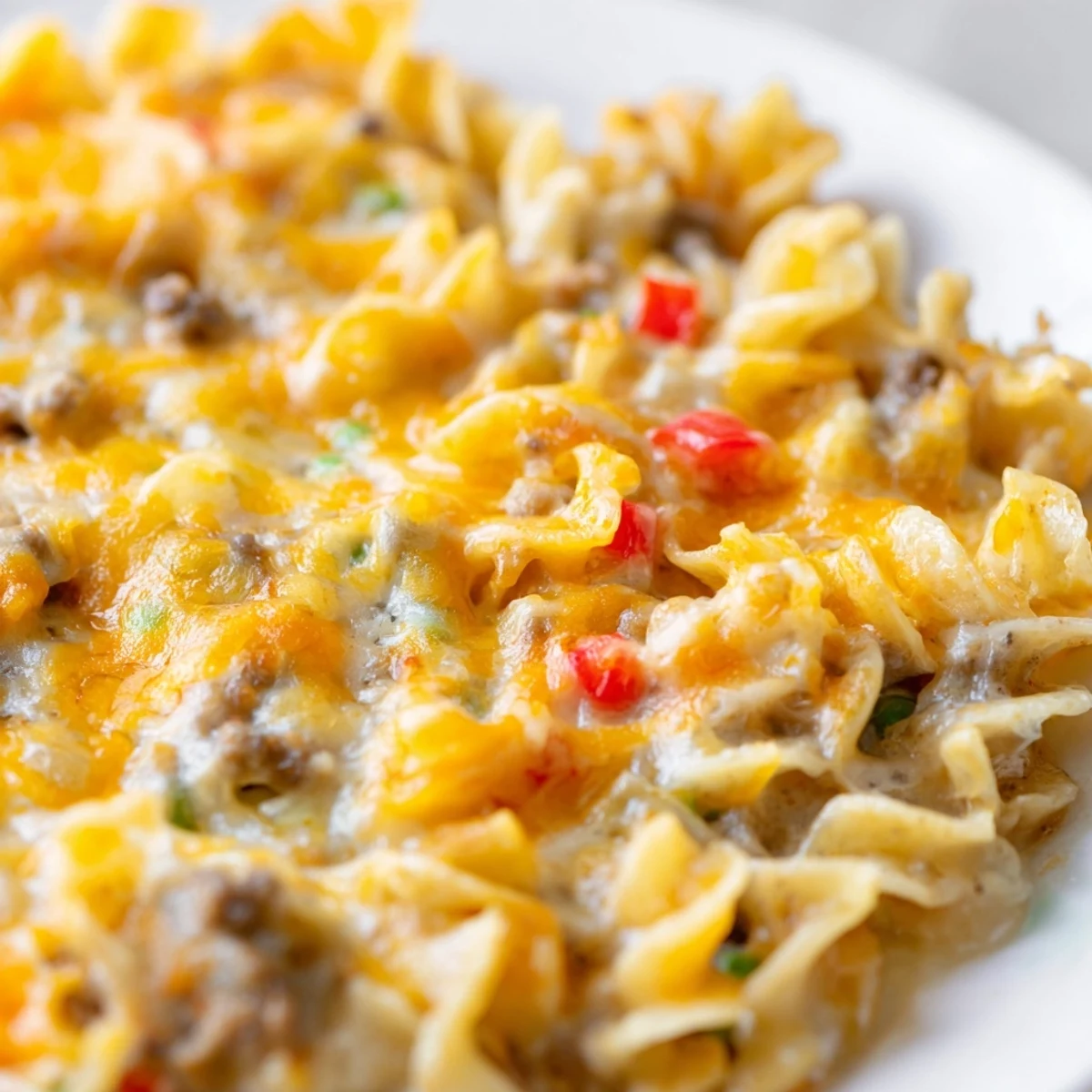 Golden bubbling cheesy beef and noodle casserole fresh from the oven with melted cheddar topping