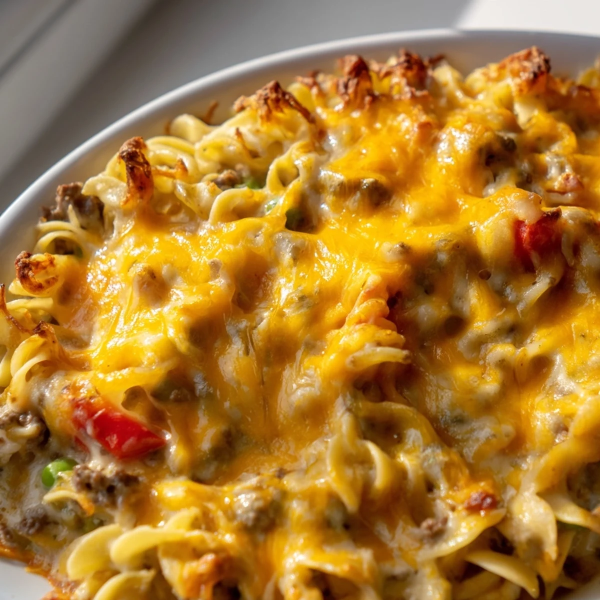Creamy cheesy beef and noodle casserole served in a white dish with golden cheese