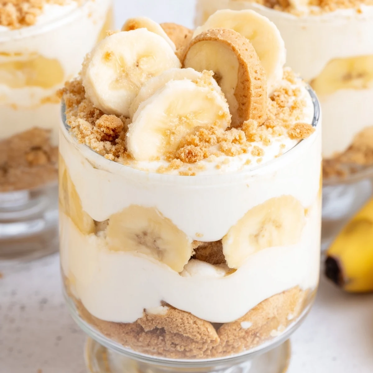 Creamy banana pudding cheesecake cups layered with vanilla wafer crumbs and fresh banana slices