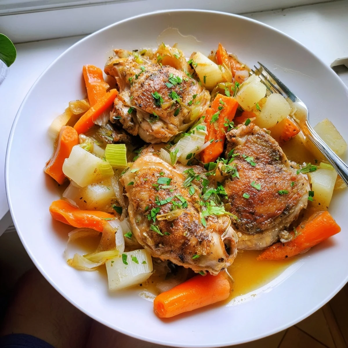 Slow cooker chicken dinner with tender meat and root vegetables in savory herb sauce