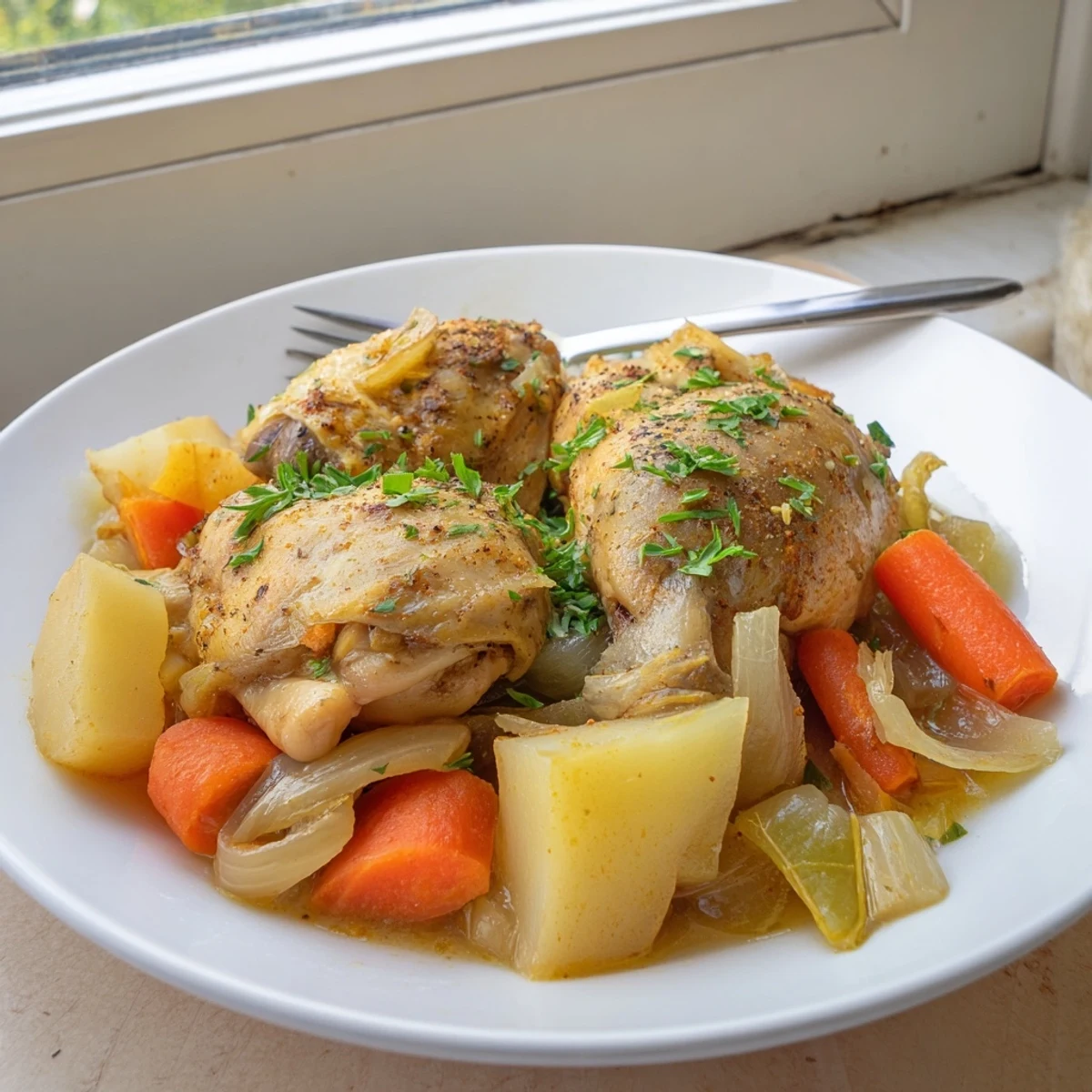 Golden brown chicken thighs nestled over carrots and potatoes in a rustic slow cooker