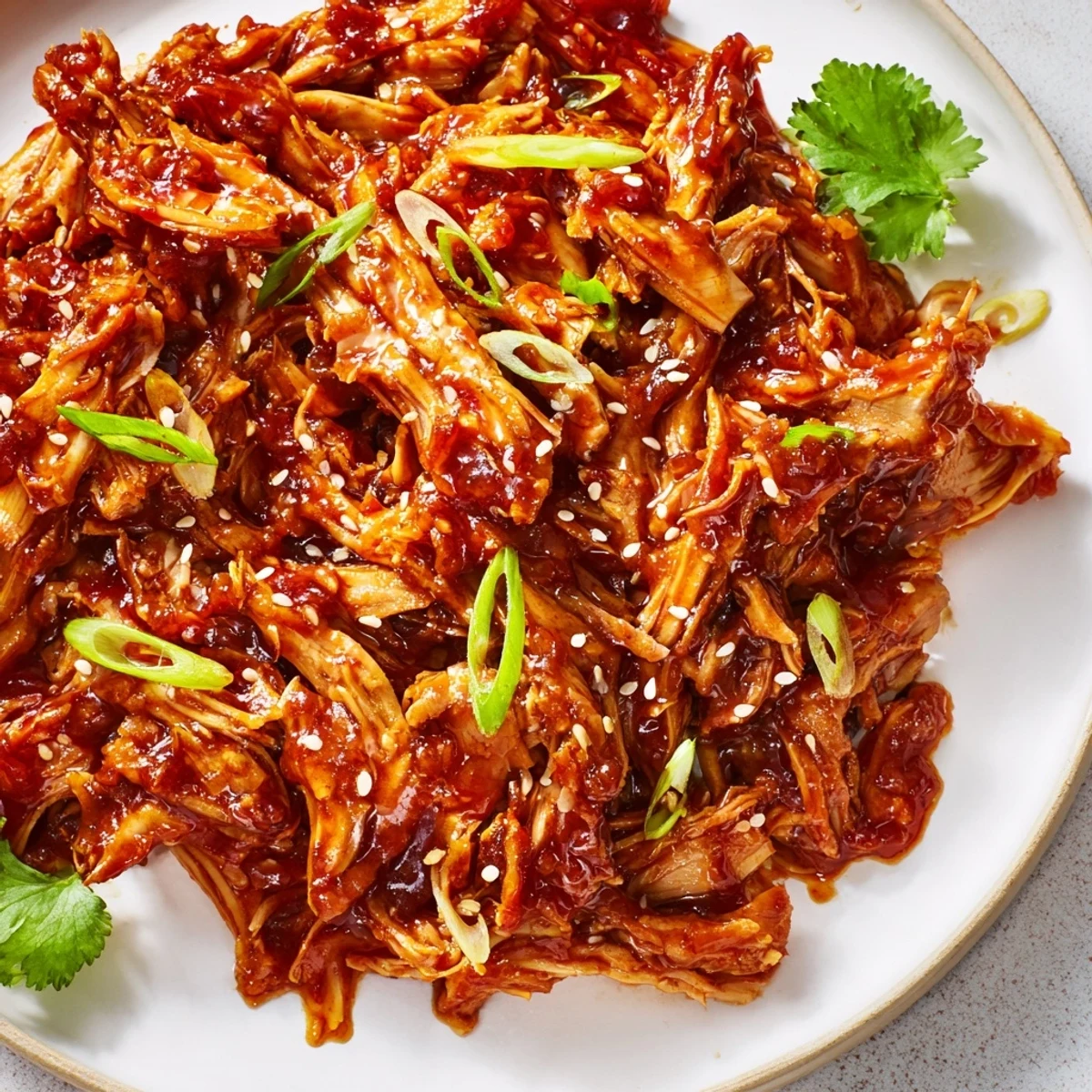Slow Cooker Sweet Chili Chicken glistening with sticky glaze and fresh green onion garnish