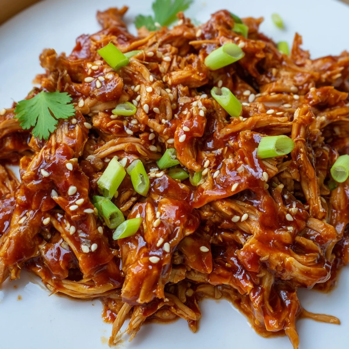 Tender shredded Slow Cooker Sweet Chili Chicken smothered in glossy Asian-inspired sauce