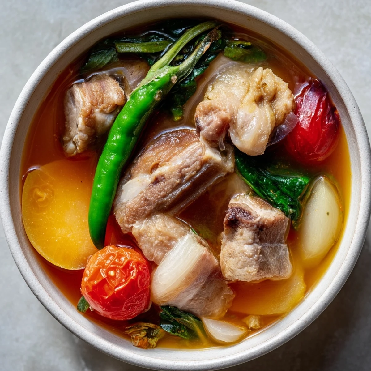 Steaming bowl of Filipino Sinigang sour soup with tender pork chunks and vibrant vegetables
