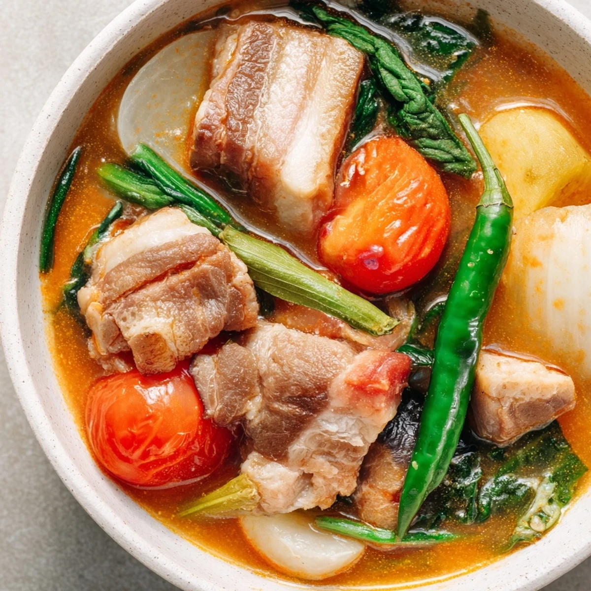 Filipino Sinigang sour soup simmering with fresh spinach eggplant and tangy tamarind broth