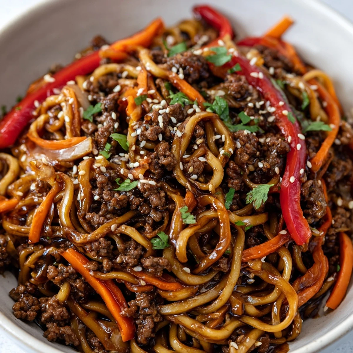 Sesame garnished Asian ground beef noodles in a cast iron skillet