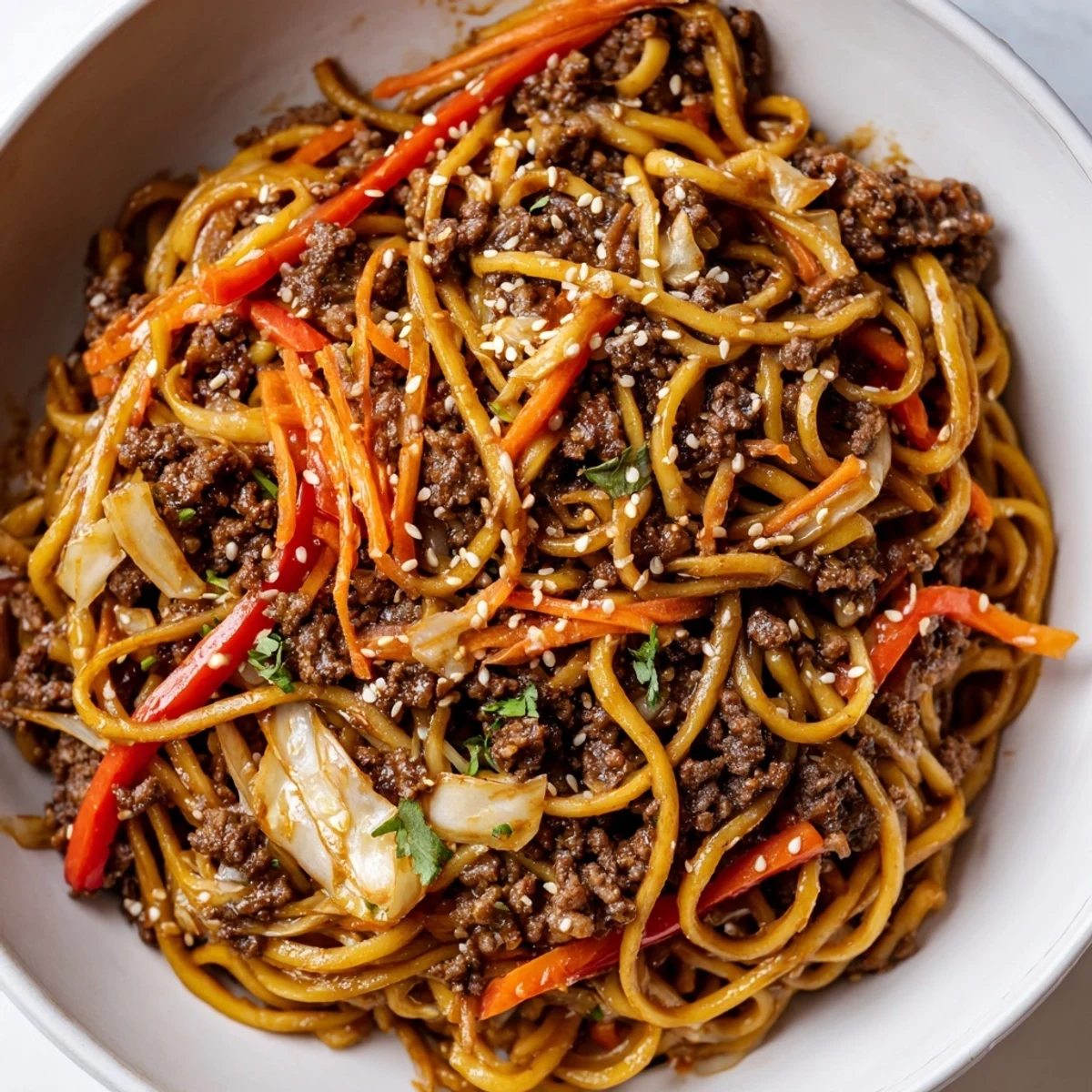 Glossy Asian ground beef noodles served in a white ceramic bowl