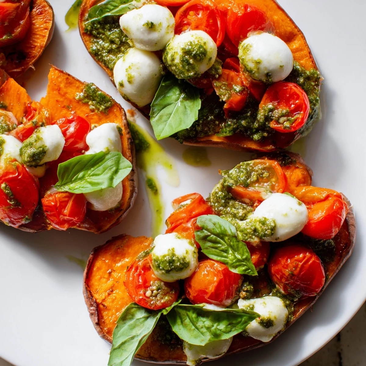 Golden roasted Summer Sweet Potatoes topped with juicy tomatoes, melted mozzarella, and vibrant green pesto drizzle