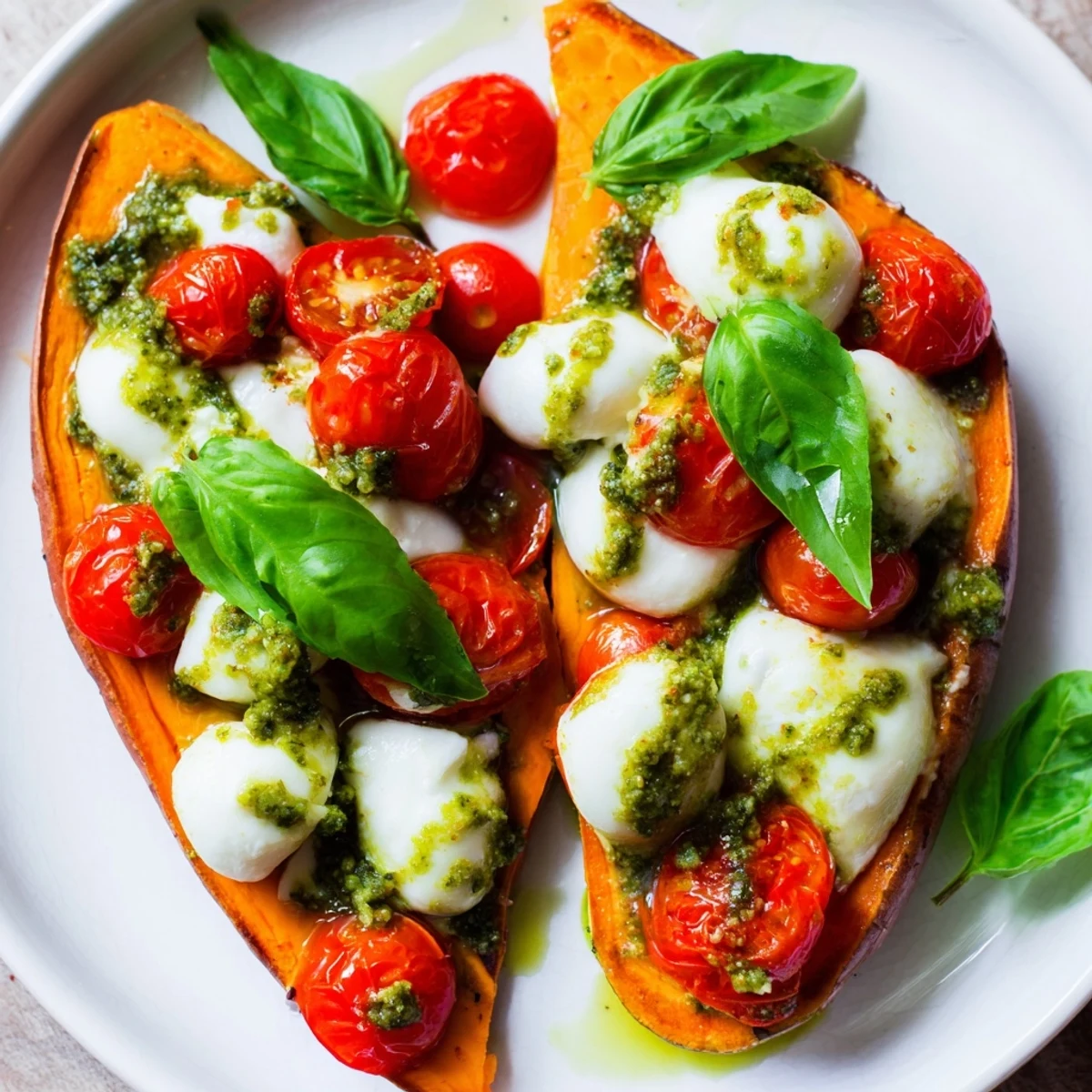 Summer Sweet Potatoes layered with creamy mozzarella balls, bright red tomatoes, and fragrant basil pesto