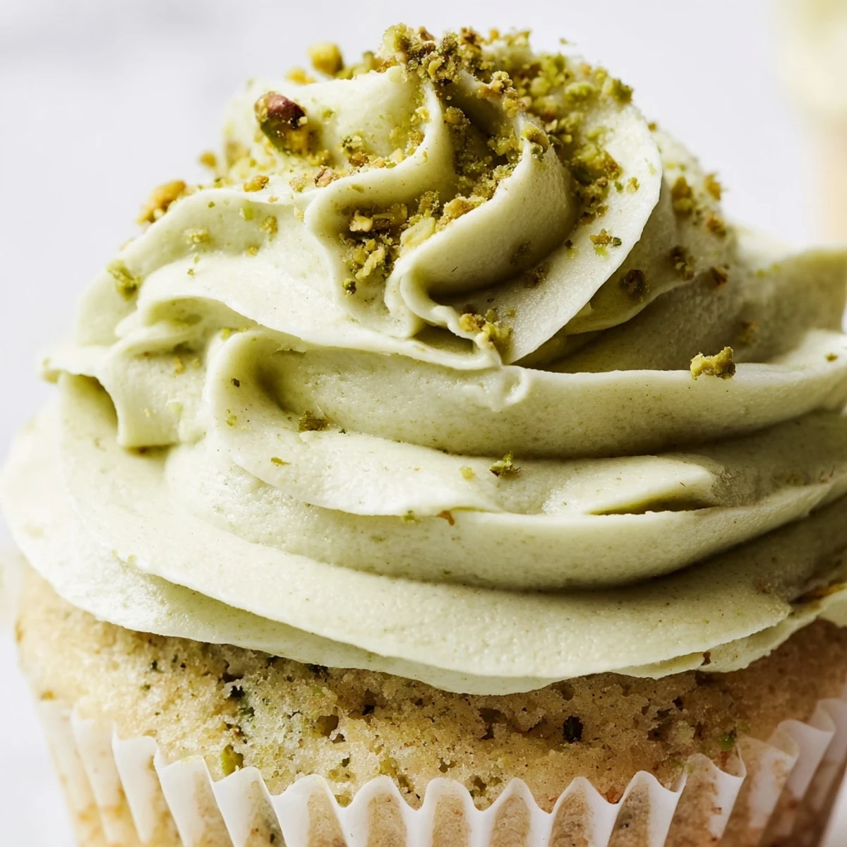 Fluffy pistachio cupcakes topped with swirls of creamy green buttercream frosting