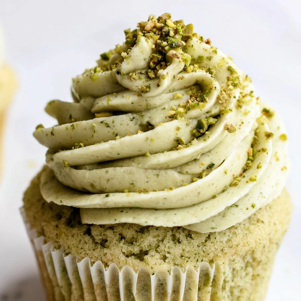Elegant pistachio cupcakes with velvety frosting served on a rustic dessert stand