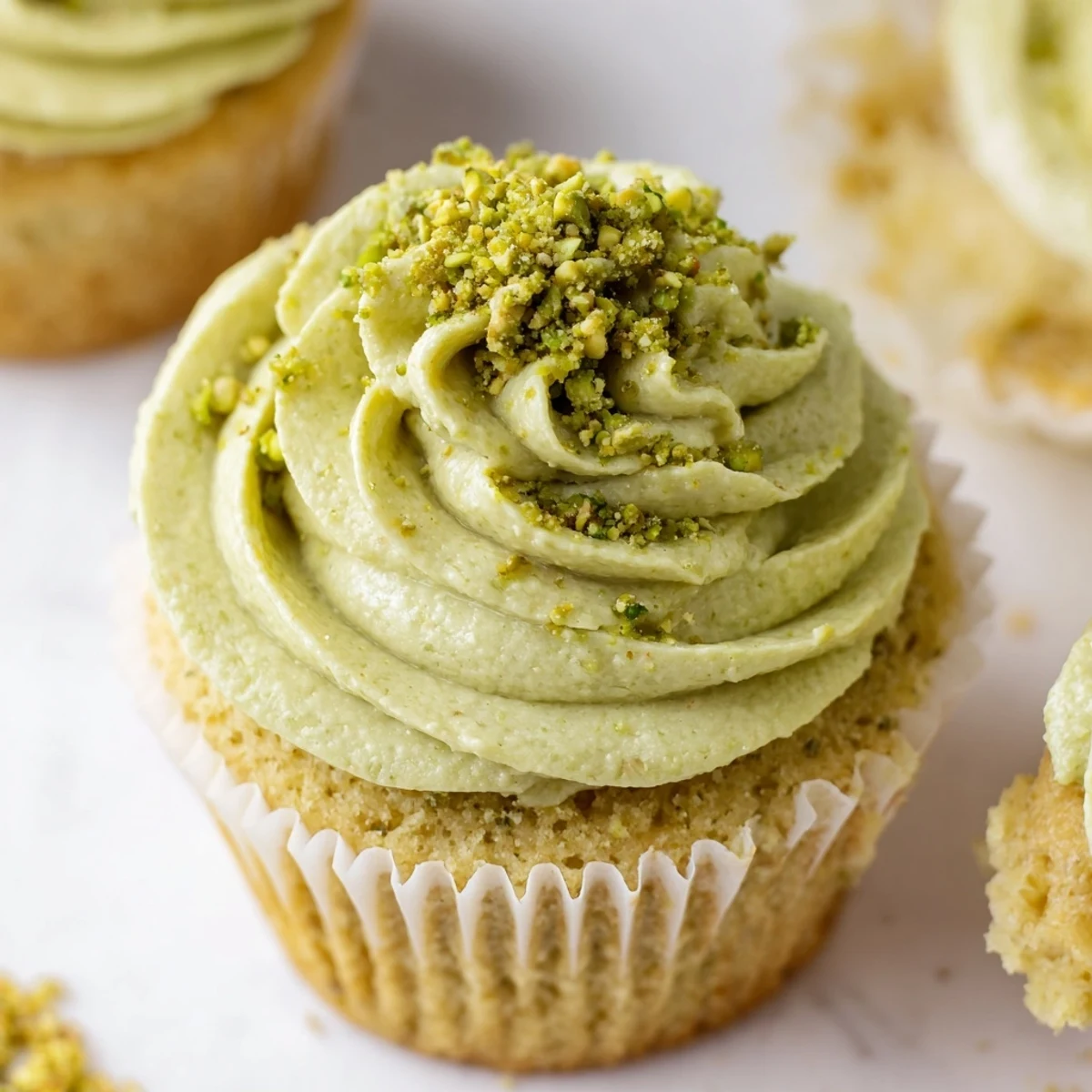 Moist pistachio cupcakes crowned with nutty buttercream and a sprinkle of crushed pistachios