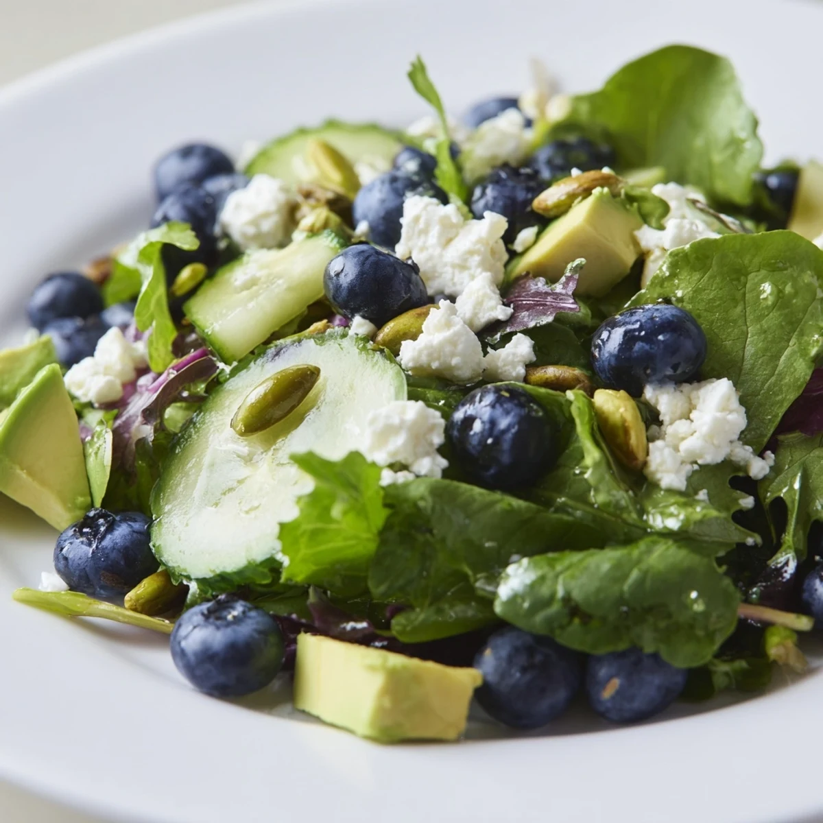 Fresh blueberry pistachio spring salad served on a white ceramic plate with lemon dressing