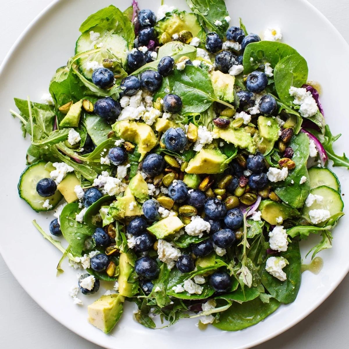 Blueberry pistachio spring salad topped with crumbled feta and diced ripe avocado slices