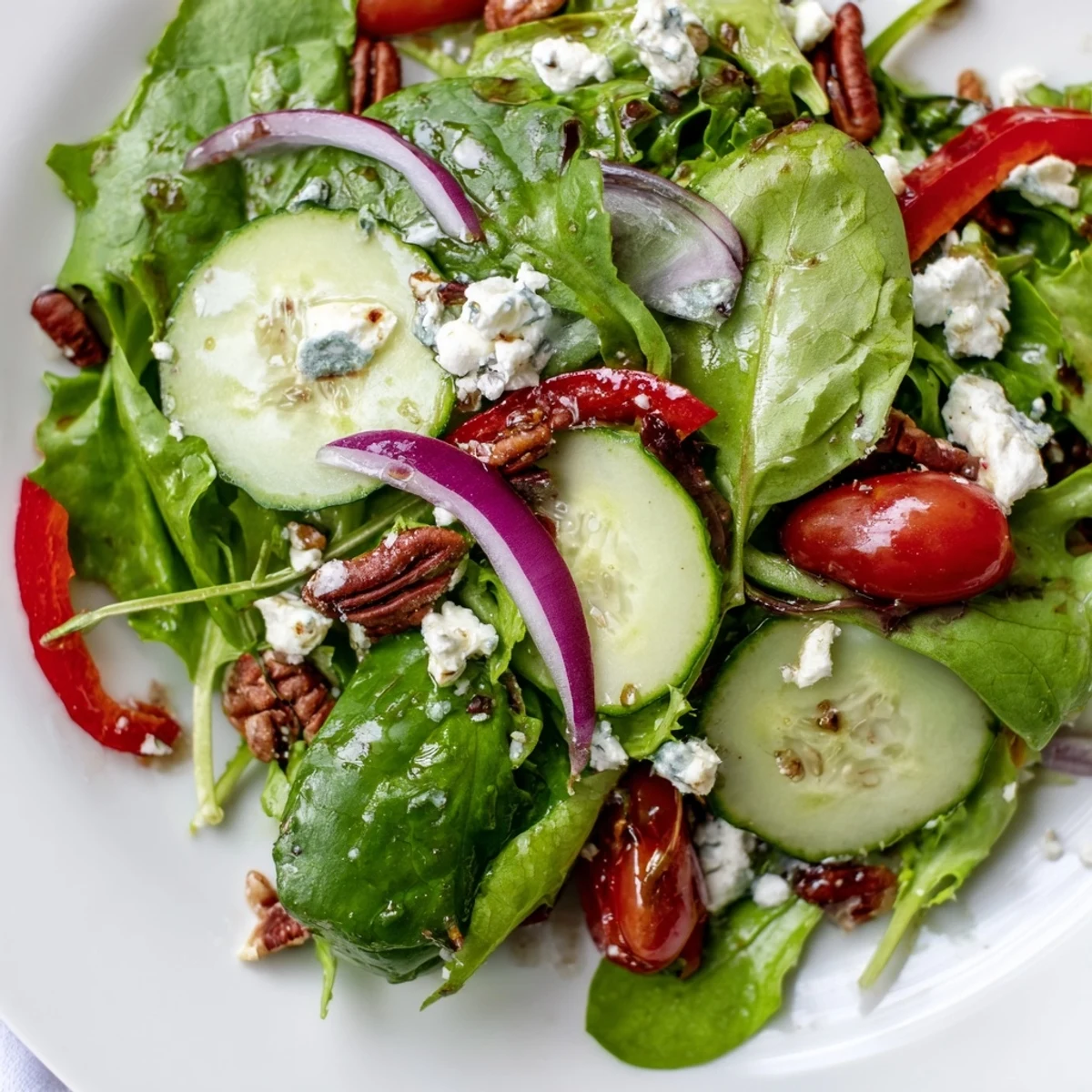 Spring Mix Salad in a wooden bowl with colorful vegetables and tangy balsamic dressing
