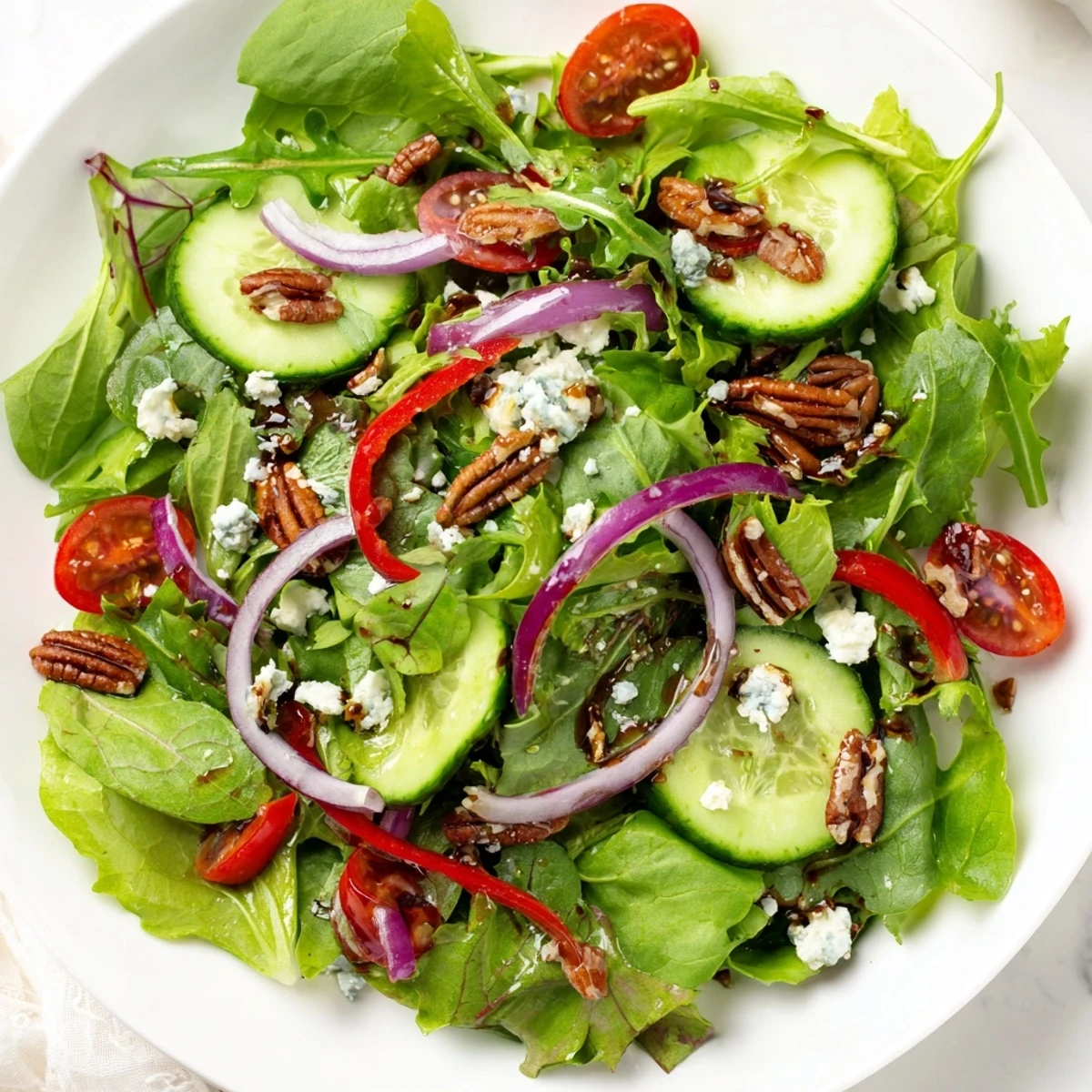 Fresh Spring Mix Salad topped with crumbled feta, cherry tomatoes, and toasted pecans